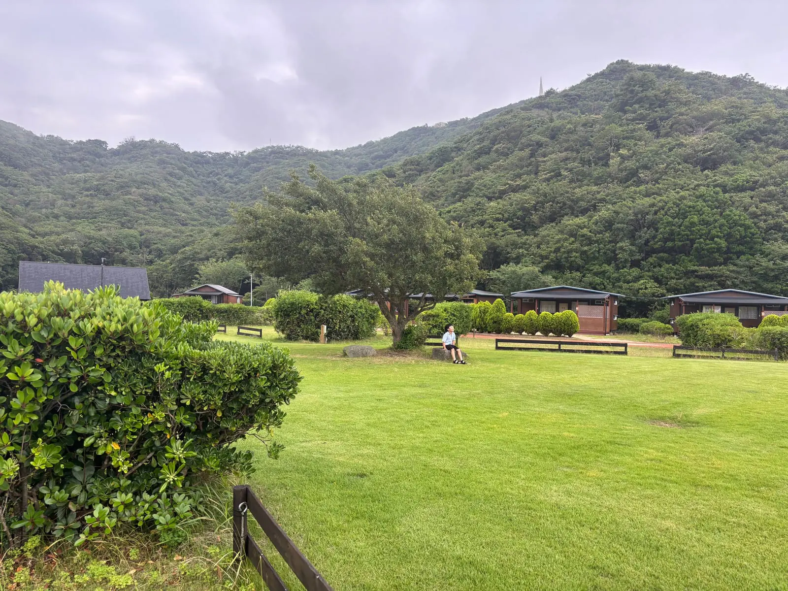 曇り空の下の芝生サイト。木々の向こうにコテージと山が見える